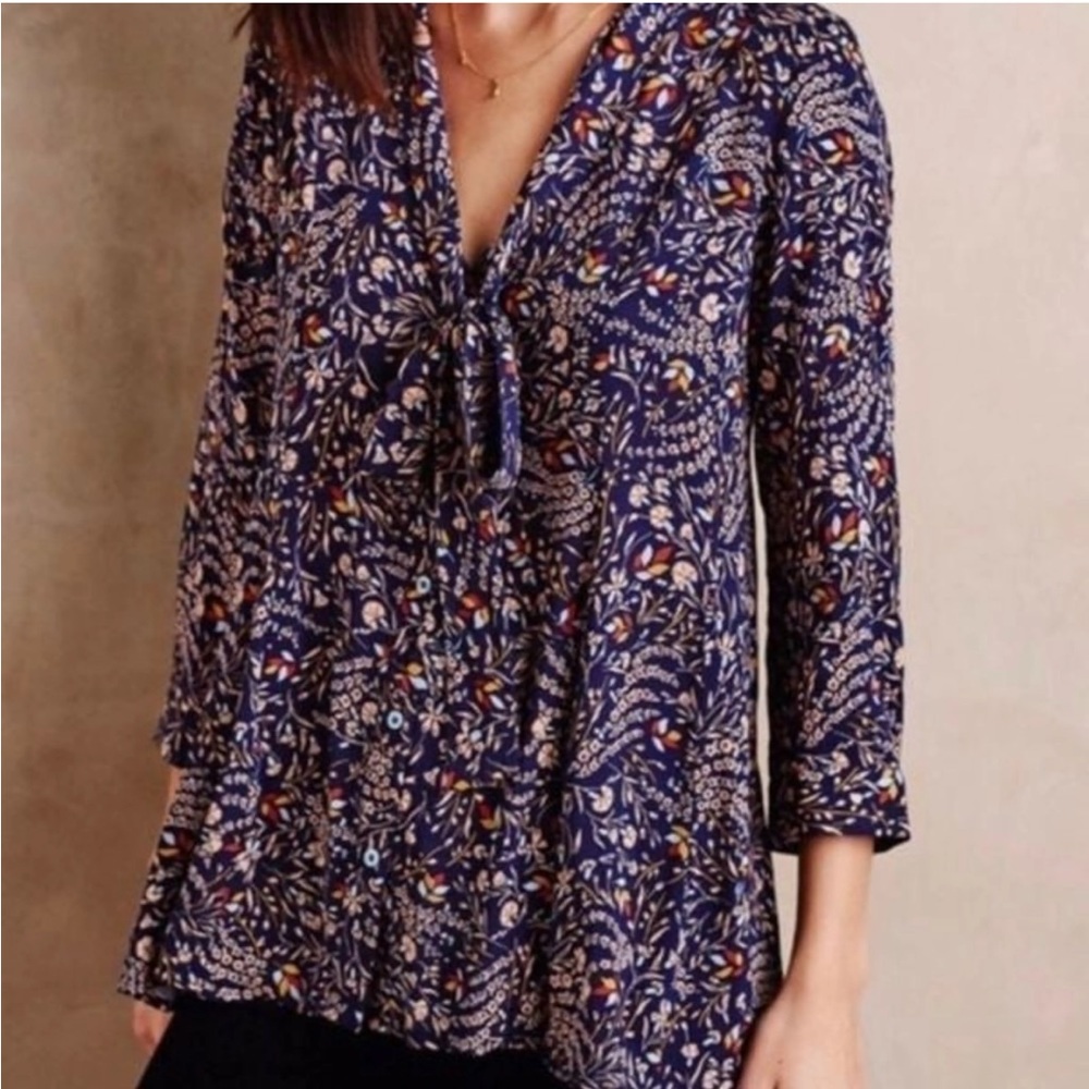 Anthropologie Maeve Rayon Floral Tie Front Blouse